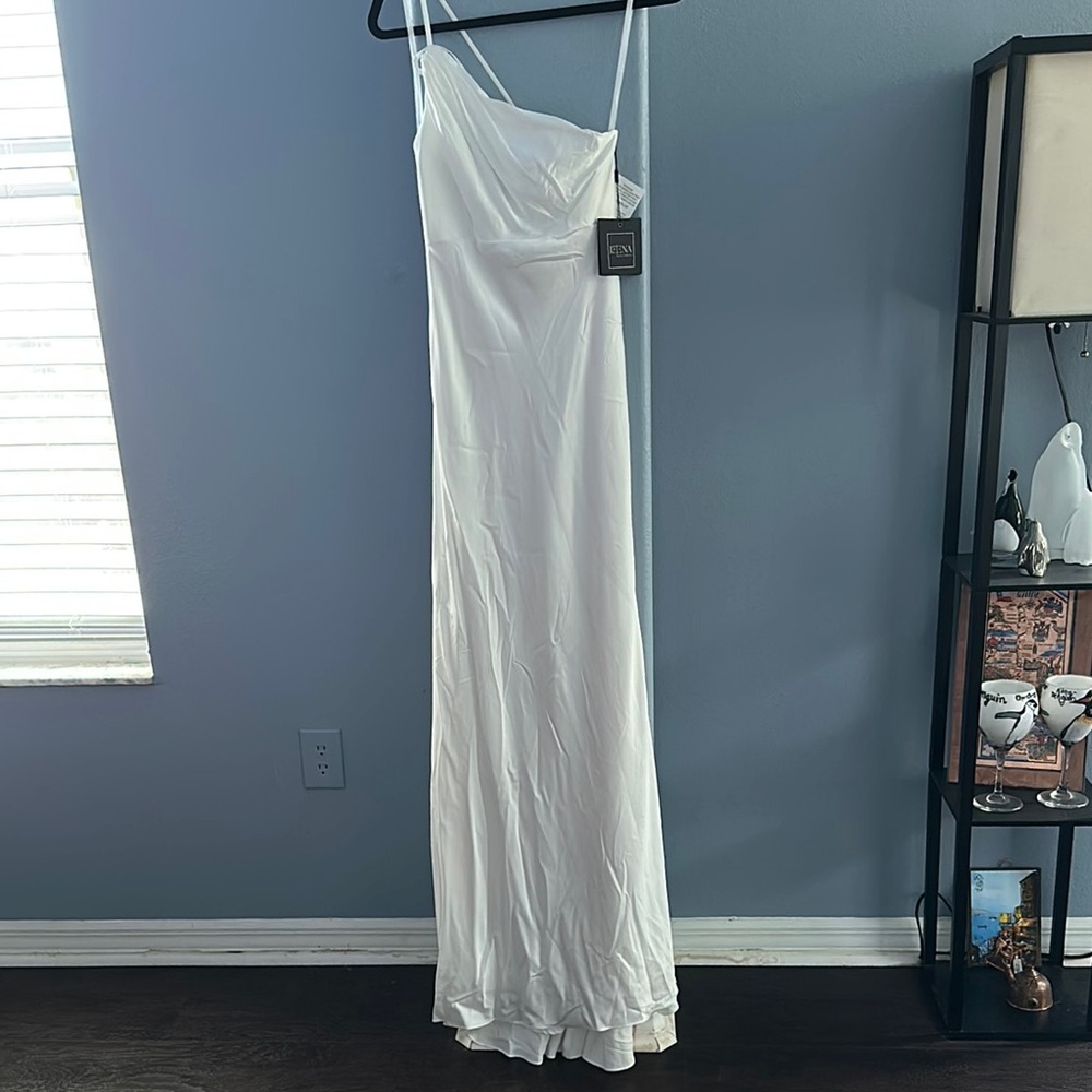 Mac Duggal White Sleeveless Spaghetti Strap Slip Maxi Dress Style # 55385